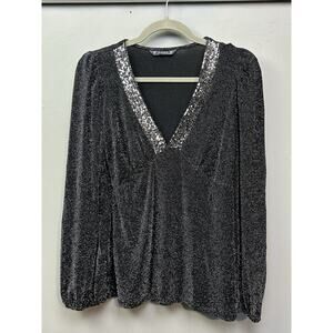 Dunnes Stores Top Womens 12 Black sequin Puff Sleeve Metallic Party Semi‎ Formal